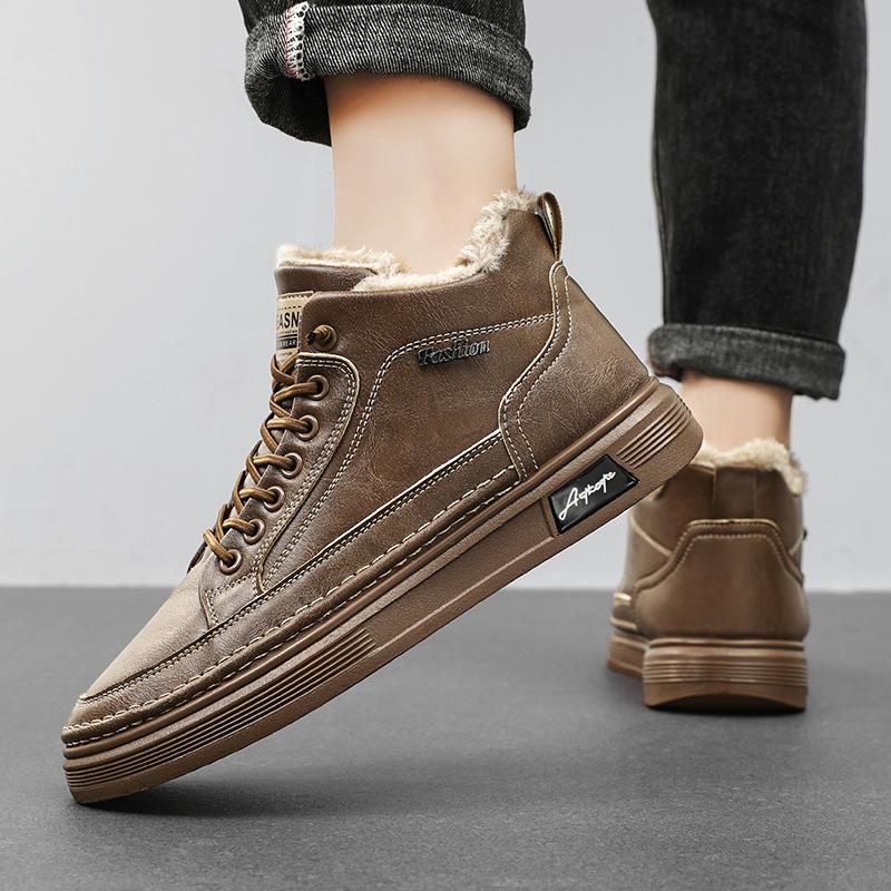 Men Boots Winter High Top Leather Shoes Plush Keep Warm Fashion Ankle Boots Business Casual Outdoor Shoes