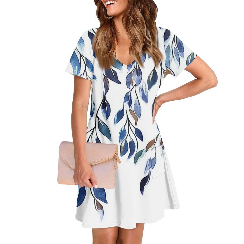 Женское повседневное и модное платье средней длины с V-образным вырезом и коротким рукавом с принтом
