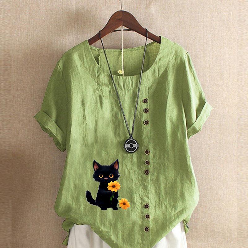 Женская модная футболка с коротким рукавом и милым принтом в виде кошачьего цветка, свободная хлопковая рубашка, повседневная свободная летняя блузка, топы больших размеров