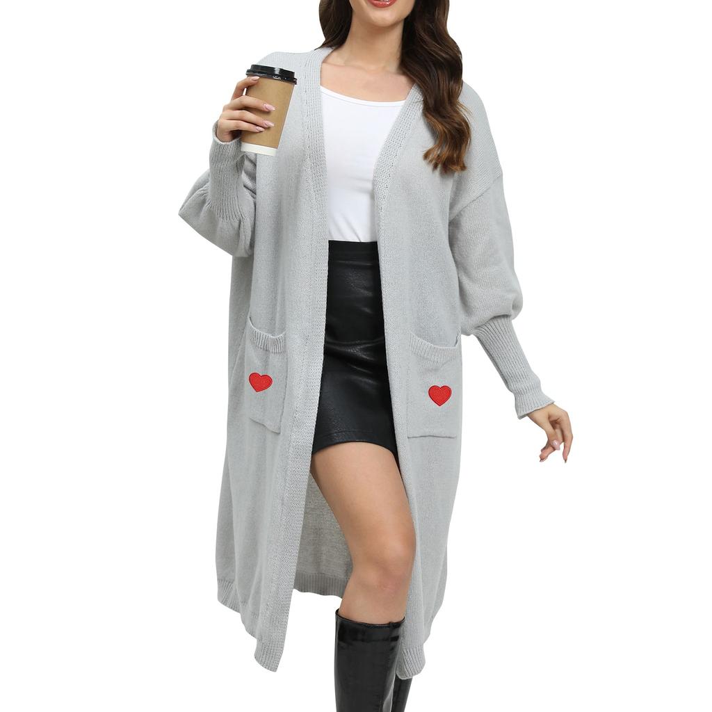 Women's Casual Fashion Comfortable Loose Lazy  Love Patch Knitted Sweater Double Pocket Sweater Cardigan
