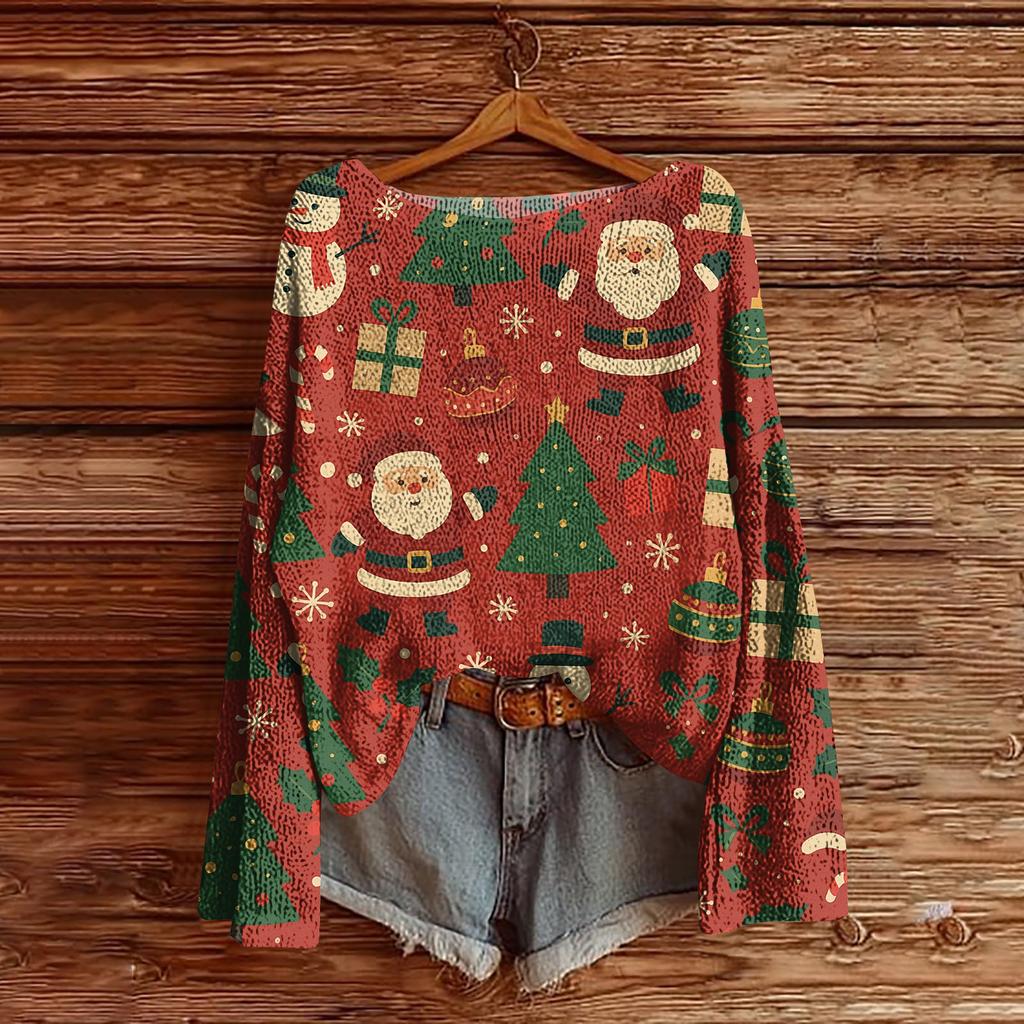 Women's Christmas Print Lightweight Sweater Casual Long Sleeve Knitted Pullover