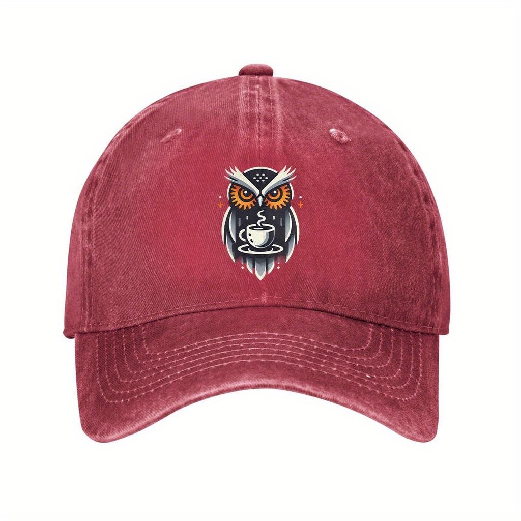 Coffee Owl Graphic Baseball Cap Vintage Washed Cotton Adjustable Unisex Casual Hat