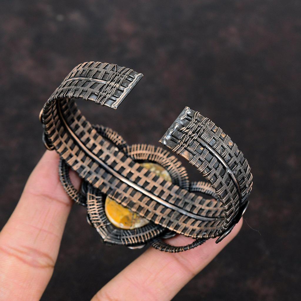 Браслет из меди с брекчиевым мукаитом, обмотанный медной проволокой, регулируемый браслет-манжета, ювелирные изделия ручной работы, браслет с драгоценными камнями, обмотанный проволокой