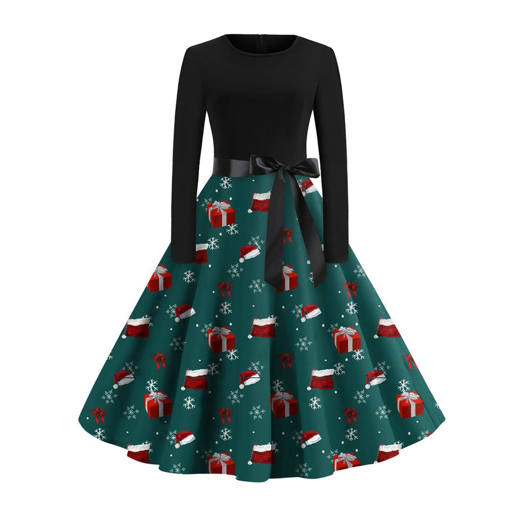 Женское рождественское платье с расклешенным принтом и длинным рукавом с круглым вырезом, вечерние повседневные платья