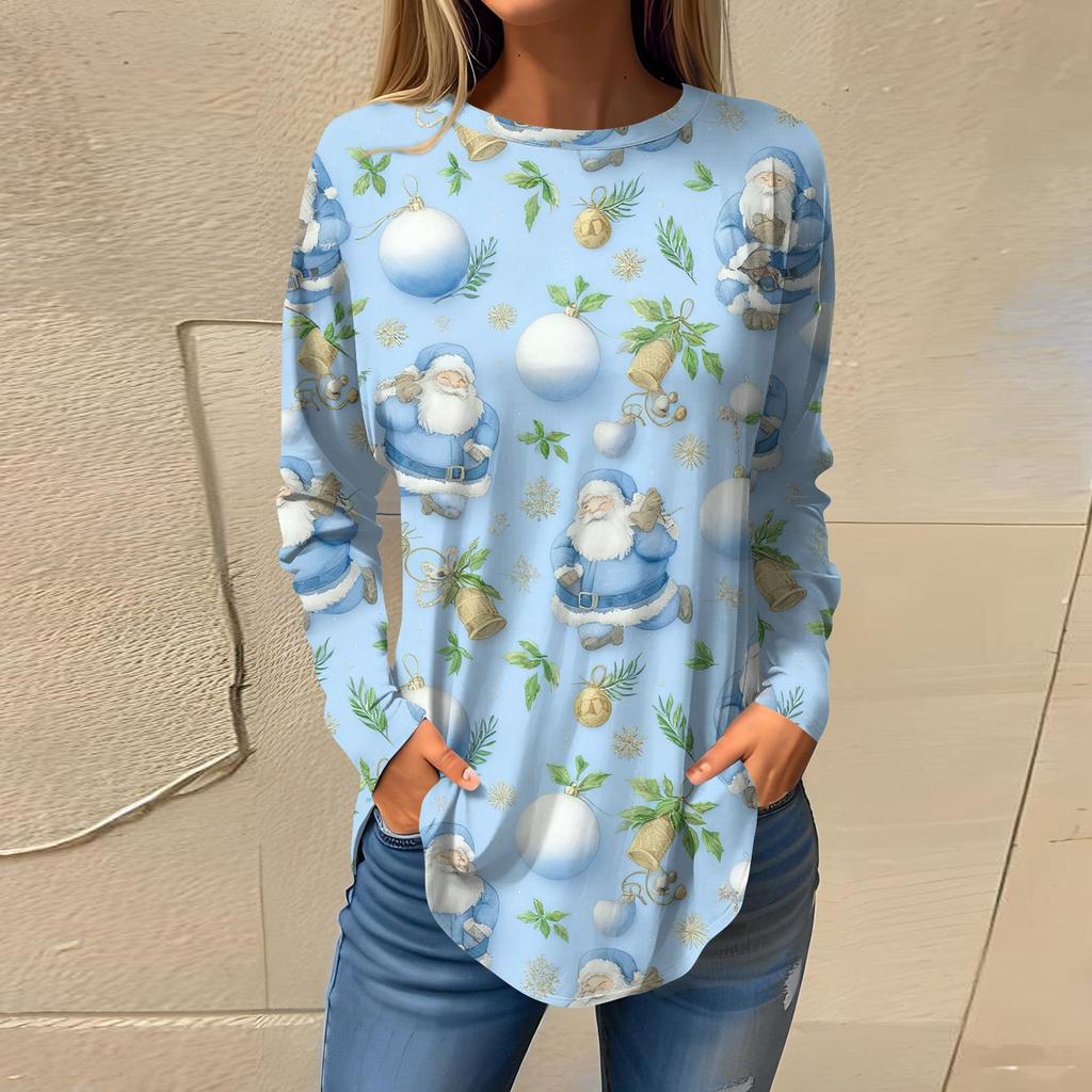 Tee Shirts For Women Casual Round Neck Long Sleeve Shirts Christmas Printing Top Pullover