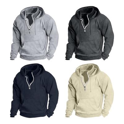 Новые модели Мужская толстовка на молнии с декором на шнурке Сплошной цвет Ретро Мягкая теплая с длинным рукавом с капюшоном Большой накладной карман Лоскутный мужской пуловер Топ