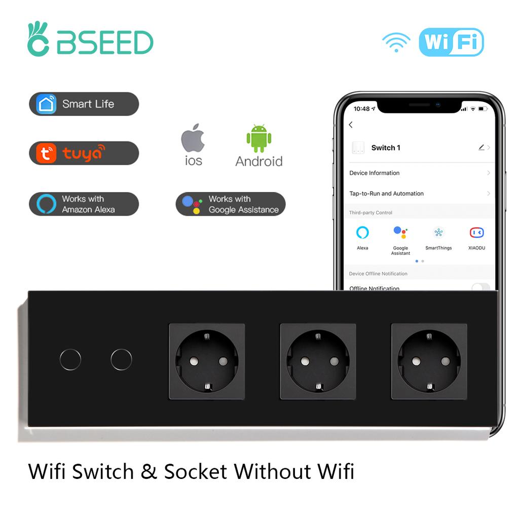 BSEED Wi-Fi сенсорные выключатели света 1/2/3/4 клавиши, управление через приложение Tuya Smart Life, плюс тройные обычные розетки, стеклянные панели, стандарт ЕС
