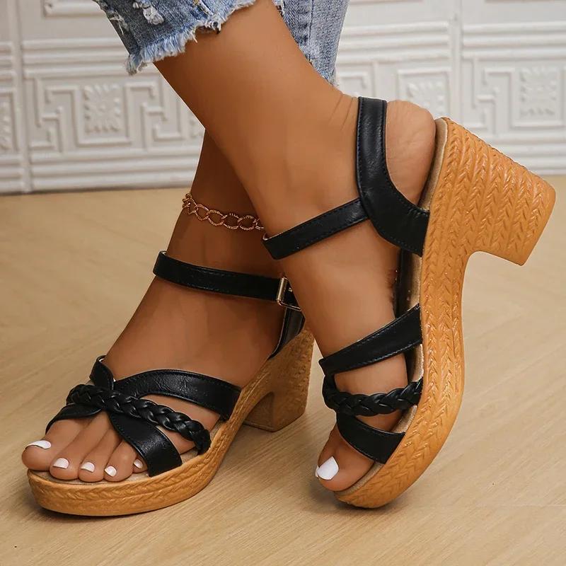 Fashion Summer High Heels Sandals Women 2025 Summer Ankle Buckle Platform Sandals Woman Pu Leather Square Heel Gladiator Sandalias Mujer