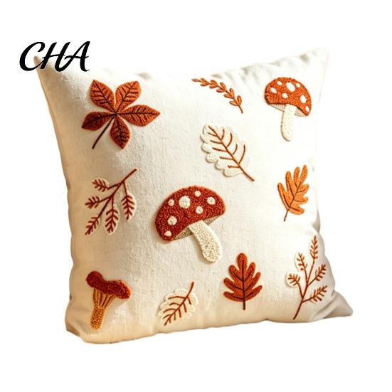 Washable Decorative Pillow Shells Autumn Embroidered Pillowcase, Mushroom Leaf Throw Cover, 18"x18" 20"x12" Cozy Living Room Decor Farmhouse Cover for