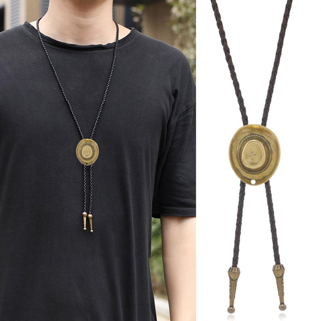 American Bolo Tie Punk Braided Rope Necktie Vintage 3D Cowboy Hat Pendant Western Necklace Costume Accessories for Men