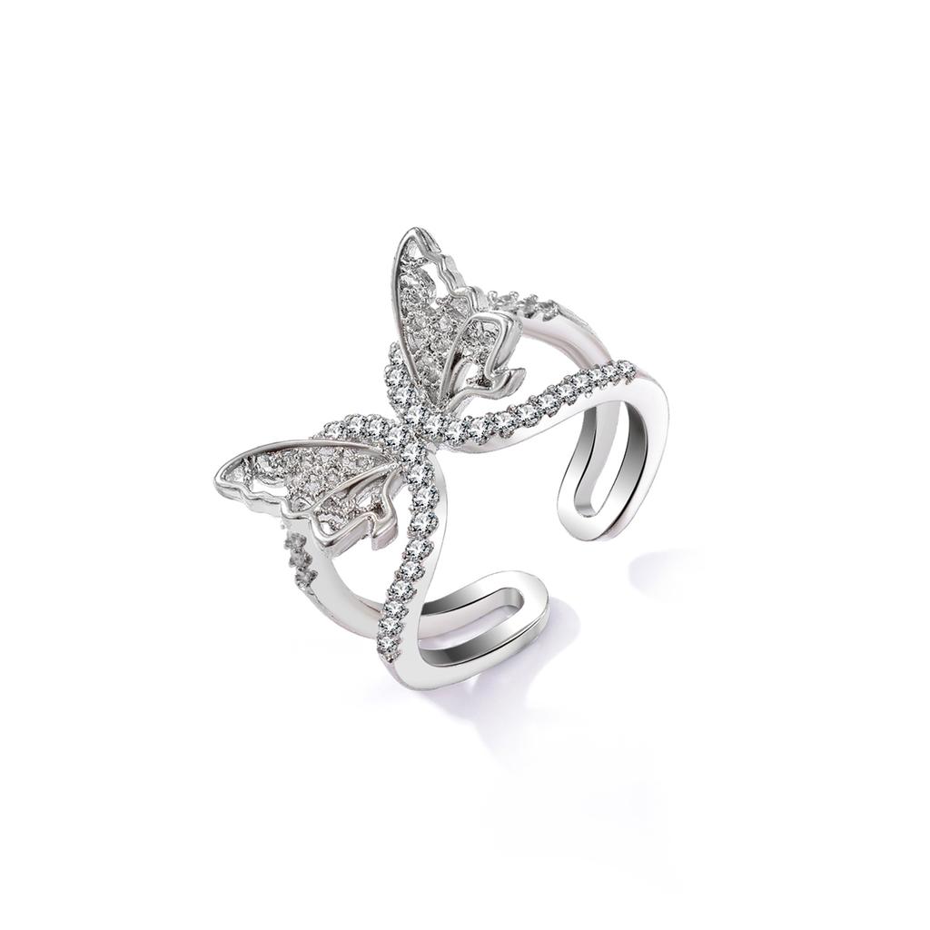 Роскошные серебряные гламурные блестящие кольца для девочек, милые открытые одинаковые кольца с бабочкой для пары, модные элегантные двухслойные полые кольца