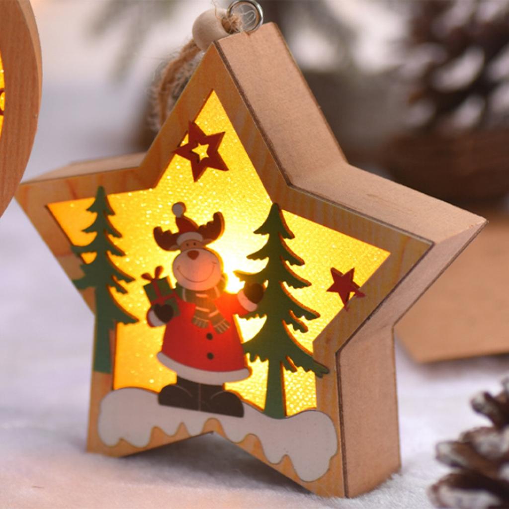 Christmas Tree Led Lighting Pendant Star Ornaments Hanging Pendants Party Xmas Wooden For Round/star With Lights Santa Decoratio
