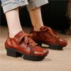 Women's Shoes Genuine Leather Square Toe Soft Cowhide Lace-up Versatile Mid Heel Pumps