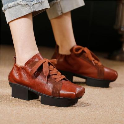 Женская обувь Натуральная кожа Квадратный носок Мягкая коровья кожа На шнуровке Универсальные туфли-лодочки на среднем каблуке