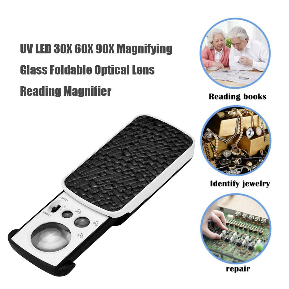 30X 60X 90X Magnifying Glass Jewelry Appraisal Reading Magnifier Loupe w/ UV LED
