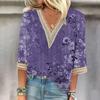 Женская рубашка, блузка, повседневные свободные рубашки, рукава 3/4, кружевные топы с v-образным вырезом и принтом, топы с принтом, футболки, футболки