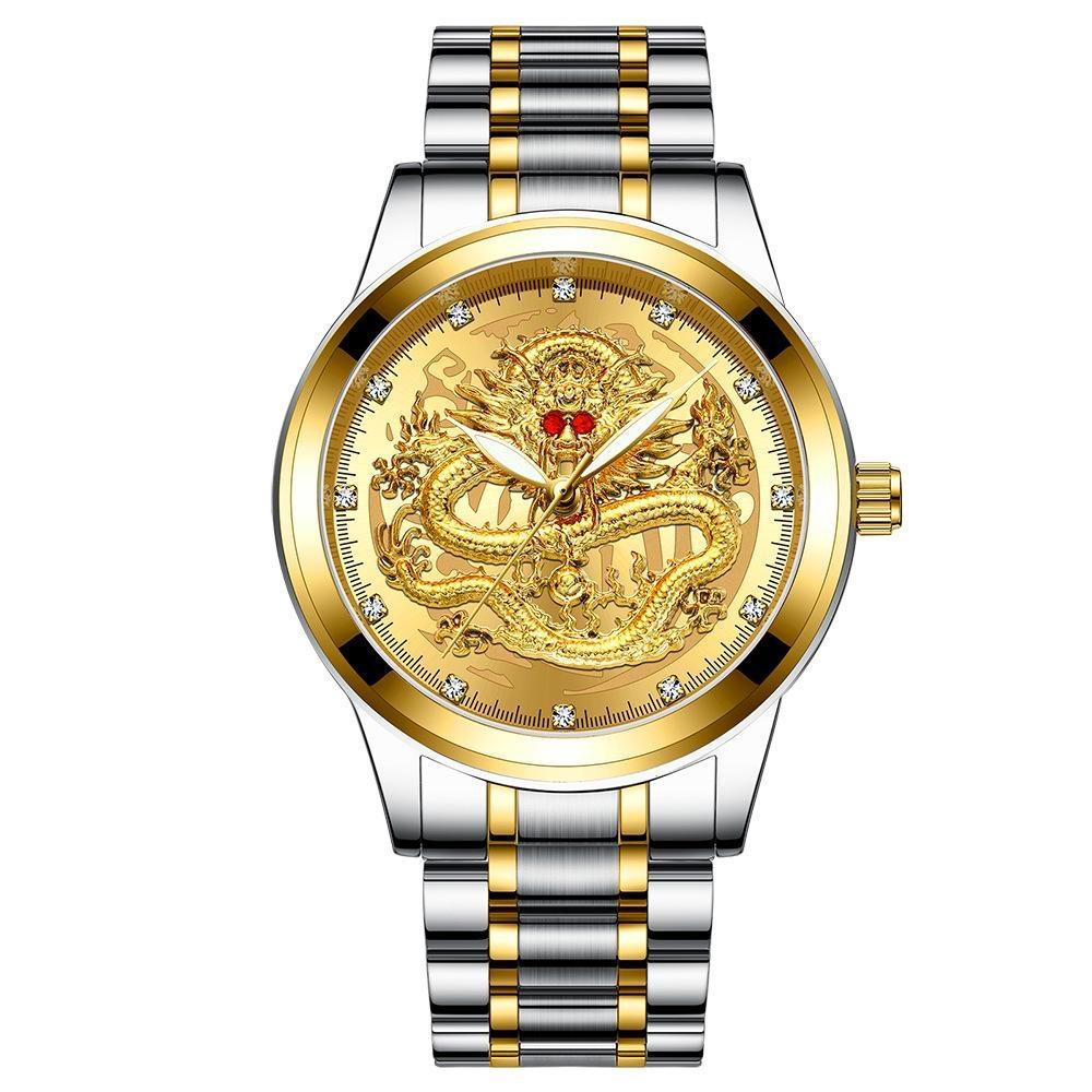 FNGEEN Men's Watch Light Luxury Relief Golden Dragon Watch Waterproof Diamond Inlaid Ruby Mens Quartz Watch
