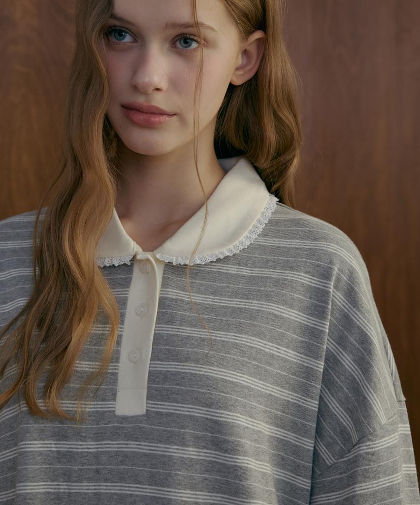 ODER Lace Collar Striped T-Shirt - Gray