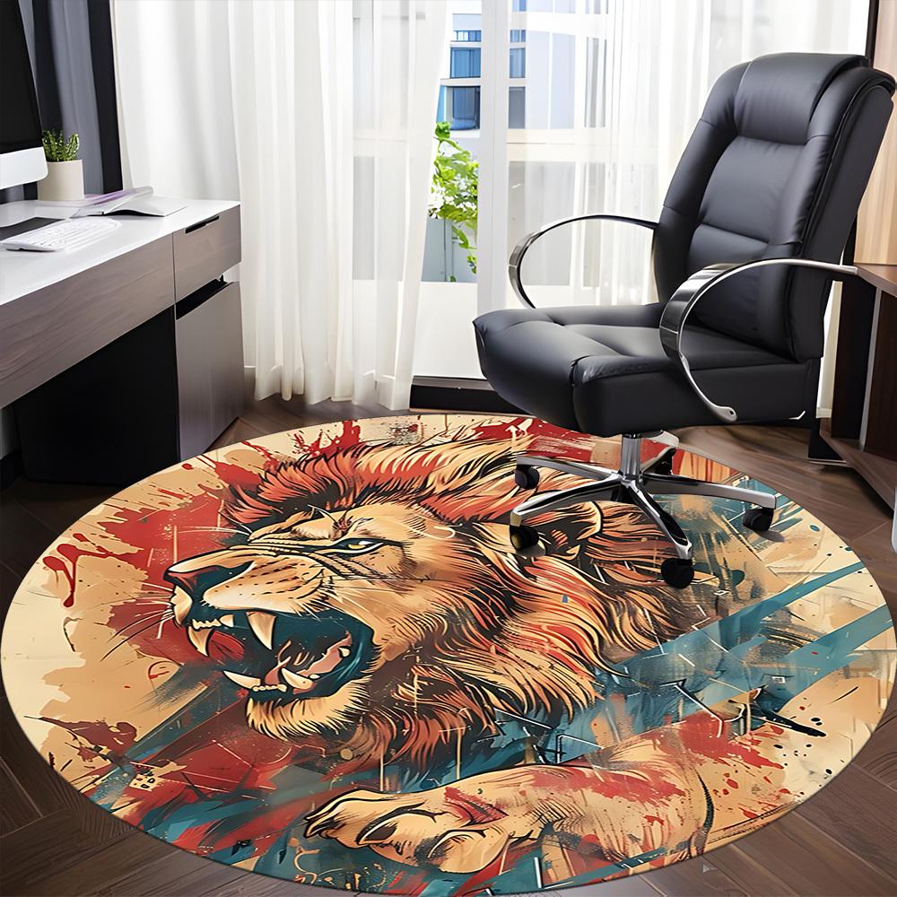 1PC Lion Roar Office Round Area Rug, Mat Suitable ForOffice, Under Office Chairs Bedroom Living Room Home Decor, Room Deco
