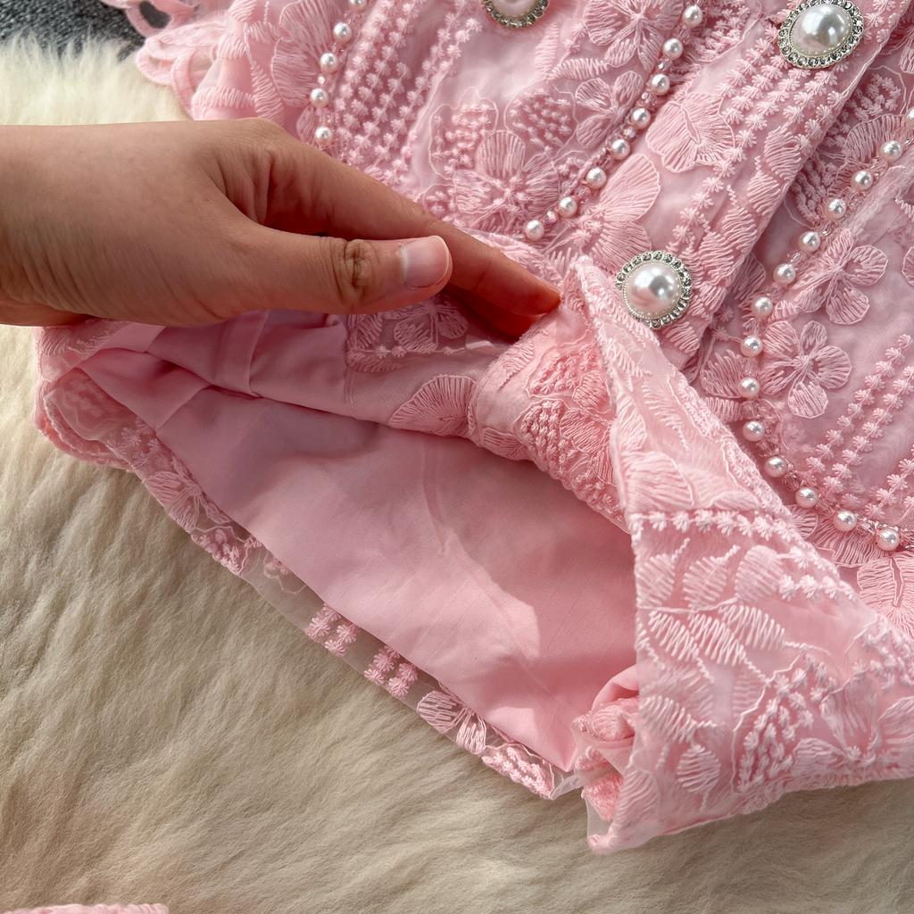 Летний женский роскошный сетчатый комплект с цветочной вышивкой, однобортный топ с бисером и карманами, рубашка + длинная юбка на молнии, костюмы из двух предметов