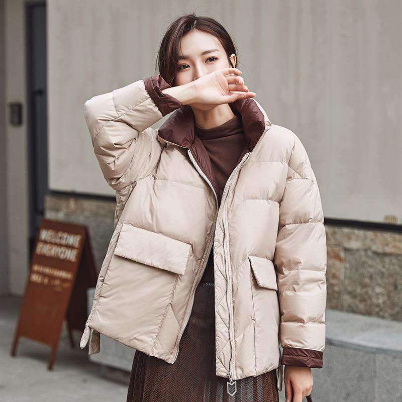 Женская белая куртка на утином пуху, зимнее свободное пуховое пальто с воротником-стойкой, женская теплая короткая зимняя верхняя одежда