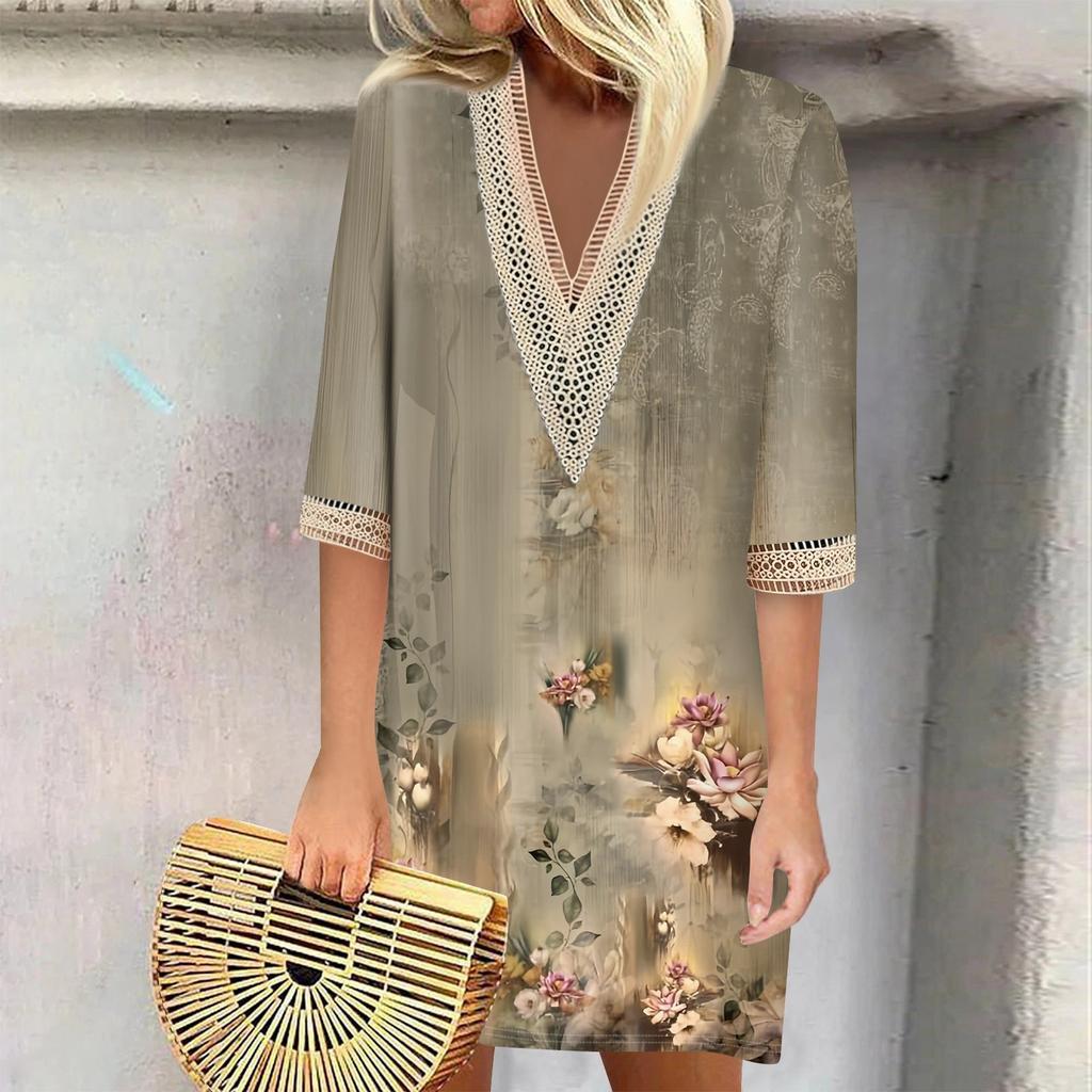 Летние платья для женщин, модное повседневное свободное кружевное платье с V-образным вырезом и рукавами 3/4 с принтом