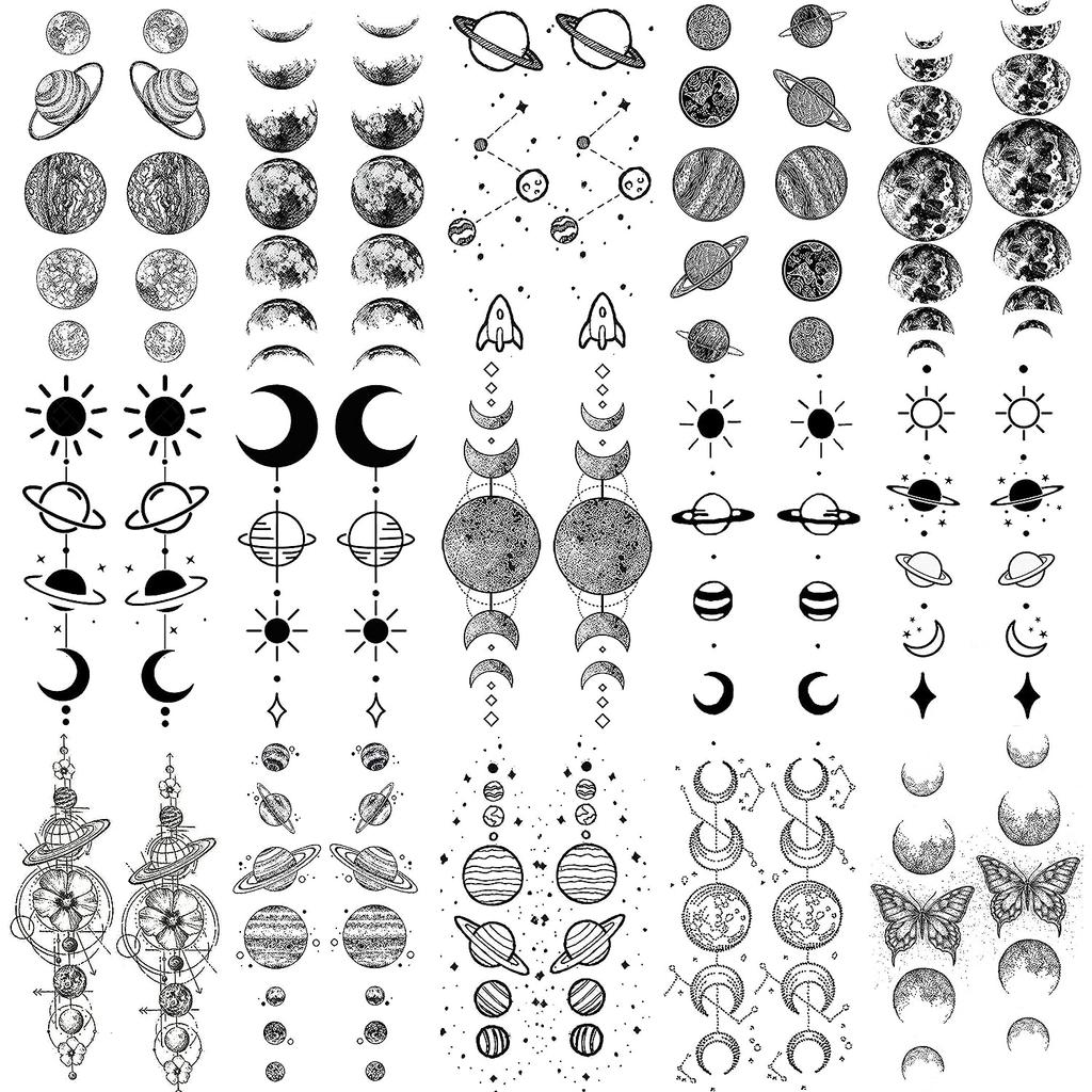 15 листов поддельных космических планет, цепочка, временные татуировки для женщин и мужчин, рука, Черная Луна, Солнце, Звезда, татуировка, маленькая Вселенная, татуировки, наклейка