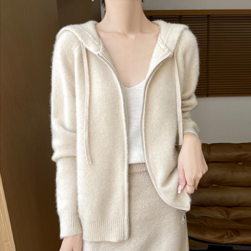 Women's Honeycomb Zipper Wool Hoodie: Autumn/Winter Slimming Long Sleeve Cardigan, Solid Color Knitwear.