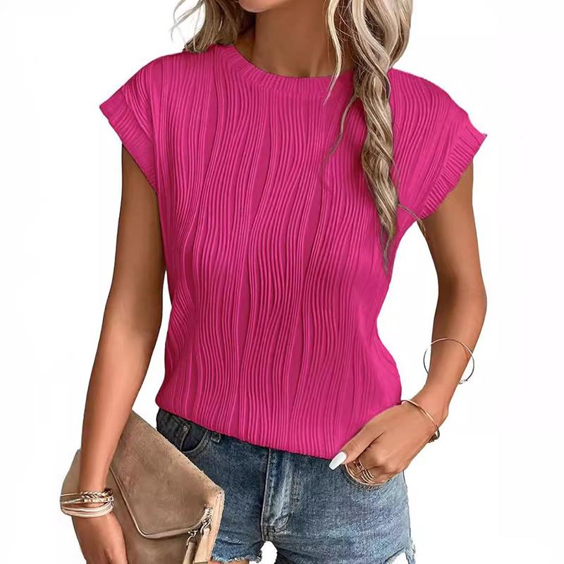Женская летняя плиссированная футболка с круглым вырезом и коротким рукавом, однотонная, с коротким рукавом, повседневная модная футболка, дышащая, легкая, удобная, для работы и отдыха, топ