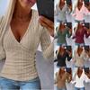 V-neck Knitting  Long Sleeve Women T-shirt Solid Color SweaterTops Fashionable Lady Button Blouse