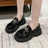 New Women's Patent Leather Thick Sole Loafers Square Heel Round Head Metal Decoration Ladies Shoes Anti-slip Comfortable Leisure