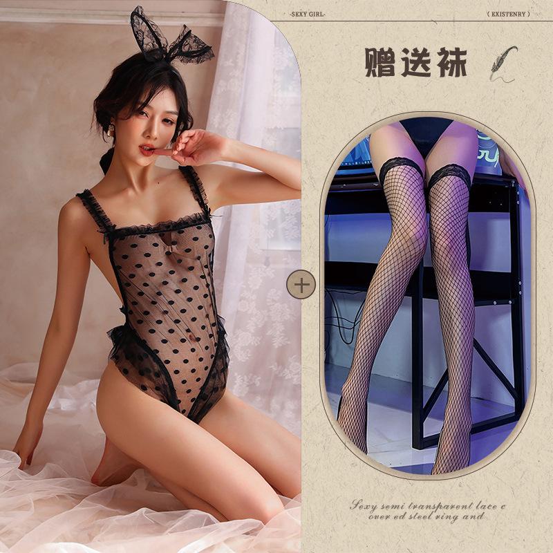 Sexy lingerie sexy lace bunny suit hidden button open perspective uniform temptation conjoined