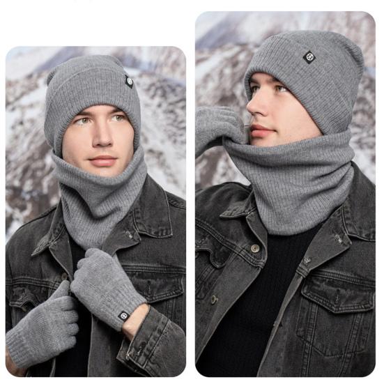 Yousheng 3 Pcs/Set Unisex Winter Beanie Scarf Gloves Set Thick Plush Knitted Warm Cap Gloves Elastic Ear Protection Windproof Winter Outdoor Cycling