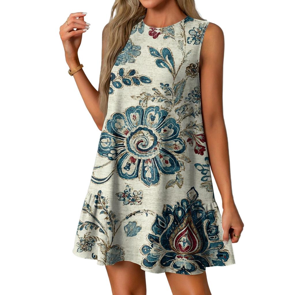 Женские модные повседневные платья без рукавов с круглым вырезом и оборками с винтажным принтом