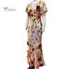 Women Fishtail Dress Round Neck Puff Short Sleeve Embroidered 3D Flower Decor Midi Dress Hip Wrapped Long Dress
