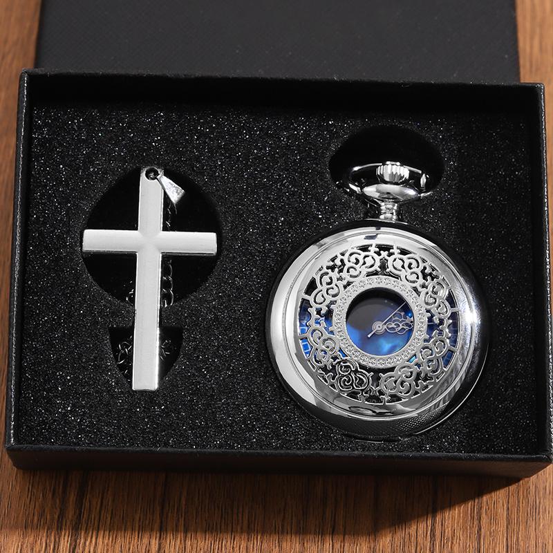 2 шт./набор, 1 шт. мужские ретро-модные кварцевые карманные часы и 1 шт. классическое серебристое ожерелье с крестом, подарок на День отца, идеальный выбор для подарков