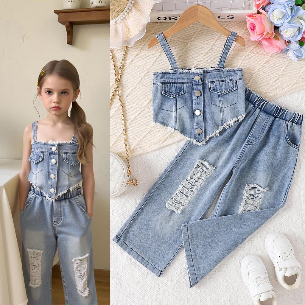 Модный комплект для девочек, летний детский милый и классный асимметричный топ с бретелькой через шею + рваные джинсы