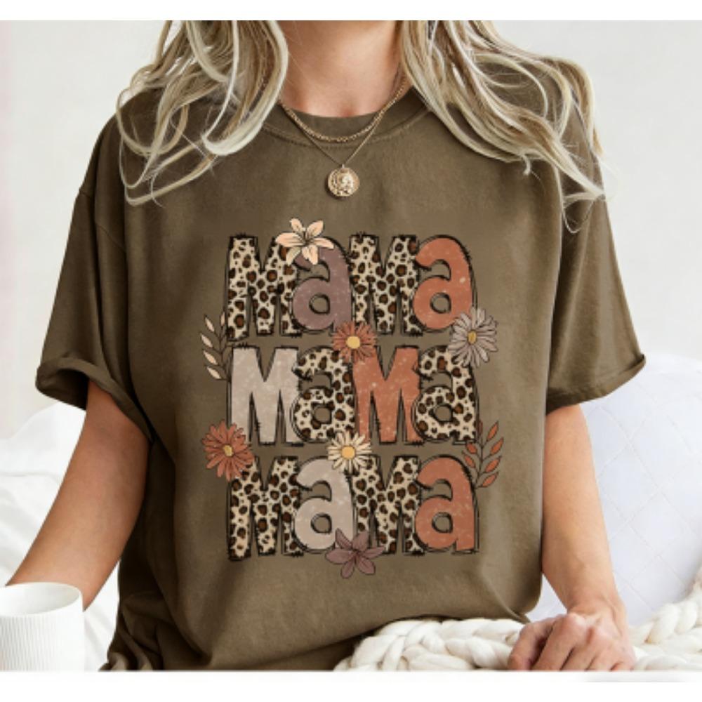 Funny Leopard Letter Mama Flower Print Women's Short Sleeves T-Shirt Loose Casual Summer Outdoor Street Women's Tees Tops
