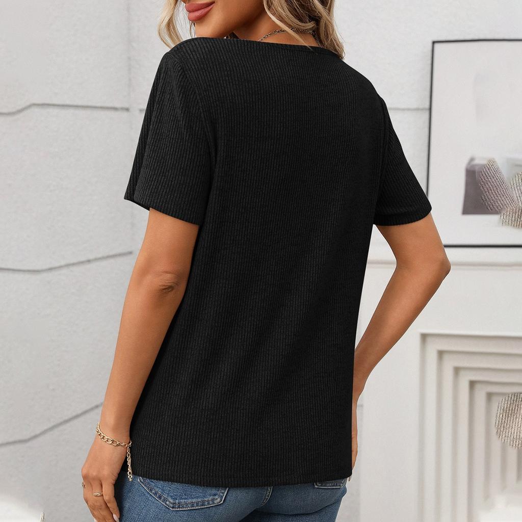 Женский модный однотонный повседневный топ с V-образным вырезом и короткими рукавами на пуговицах