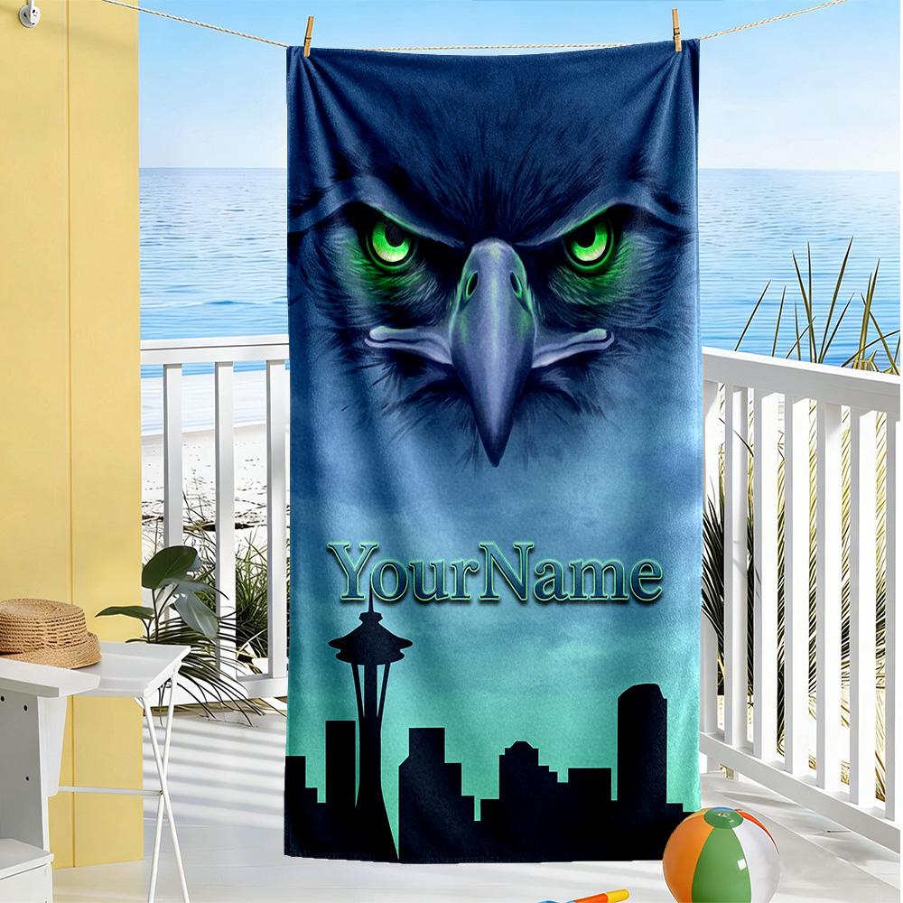 Seattle Seahawks Customized Name Beach Towel Super Soft Absorbent Suitable For Swimming Gym Camping Yoga Vacation