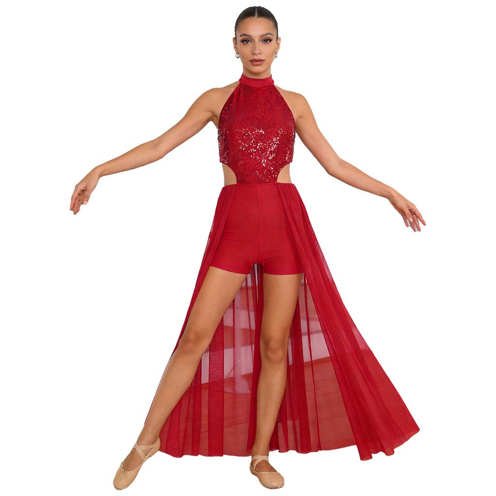 Womens Backless Bodysuit Dress Sequined Top Mesh Skirt Integrated Short Bottom Dance Wear