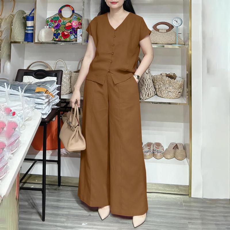 ZANZEA Женский повседневный костюм из двух частей: блузка без рукавов и широкие брюки