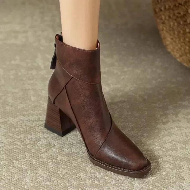 Мода Мода Ретро Неправильные Средние Каблуки Короткие Ботинки Женские Мягкая Кожа Острый Носок Боковая Молния Челси Ботинки Осень Зима