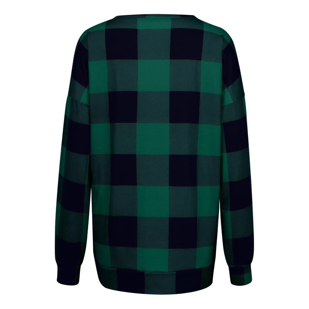 Women's Fashion Plaid Printed Hem Slit Long Sleeve Mid-Long T-shirt