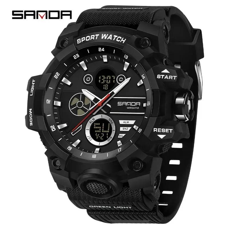 SANDA Fashion Man Military Watch Dual Time 50M Waterproof TPU Strap Chronograph Outdoor Sports Men's Watch Classic Student Watch
