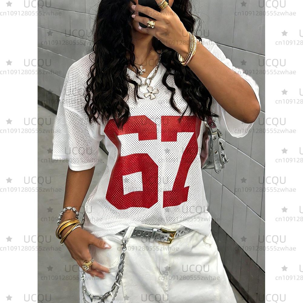 2026 Women's American NO.67 Printed Breathable Loose V-neck Short sleeved Sports Football Shirt Mesh Loose Oversized Top