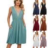 Women's Spring/Summer Fashion Solid V-Neck Lace Panel Sleeveless Pocket Waist Wrapped Dress Long Dress