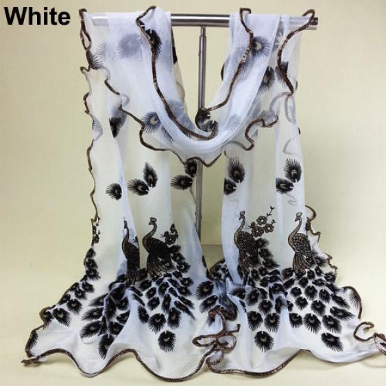 Women Peacock Flower Embroidered Lace Scarf Long Soft Wrap Shawl