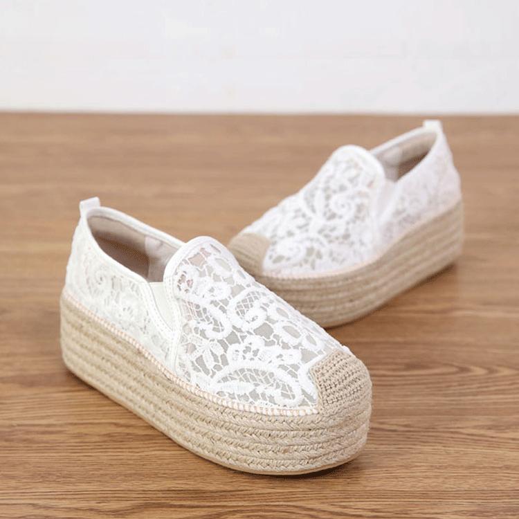 2025 New Straw Thick-soled Fisherman Shoes Women's Summer High-heeled Lazy One-pedal Lace Muffin Shoes Versatile Single Shoes Women