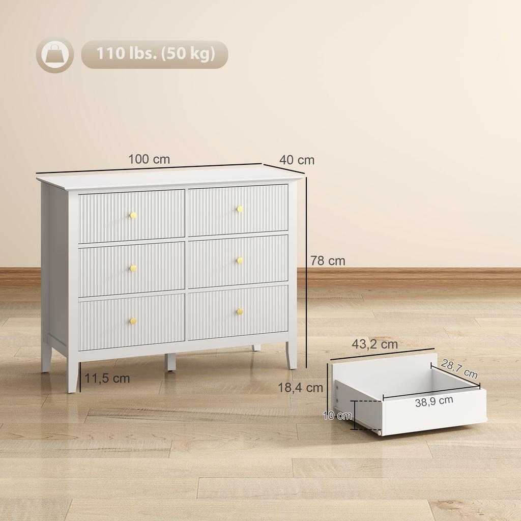 Fluted Dresser, 6 Drawer Chest of Drawers for Bedroom, Living Room, Hallway, Closet, White